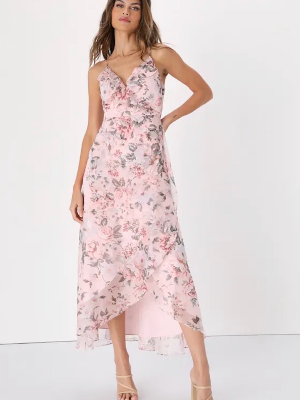 Lulu’s Dainty Love Blush Pink Floral Ruffled High-Low Faux-Wrap Dress